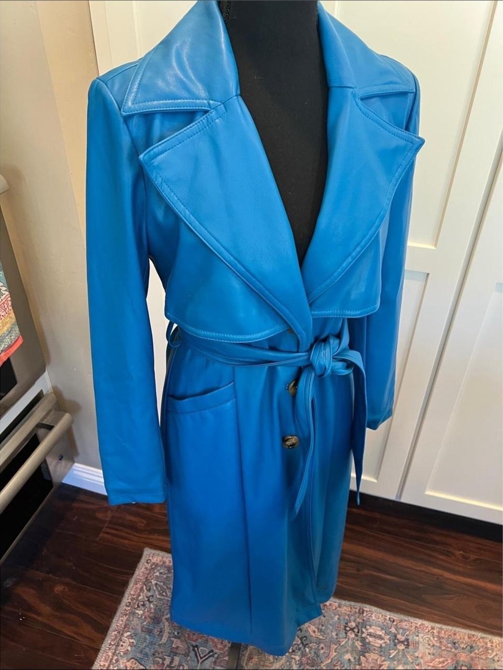 INC International Concepts Vibrant Blue Faux-Leather Trench Coat with Tie Belt